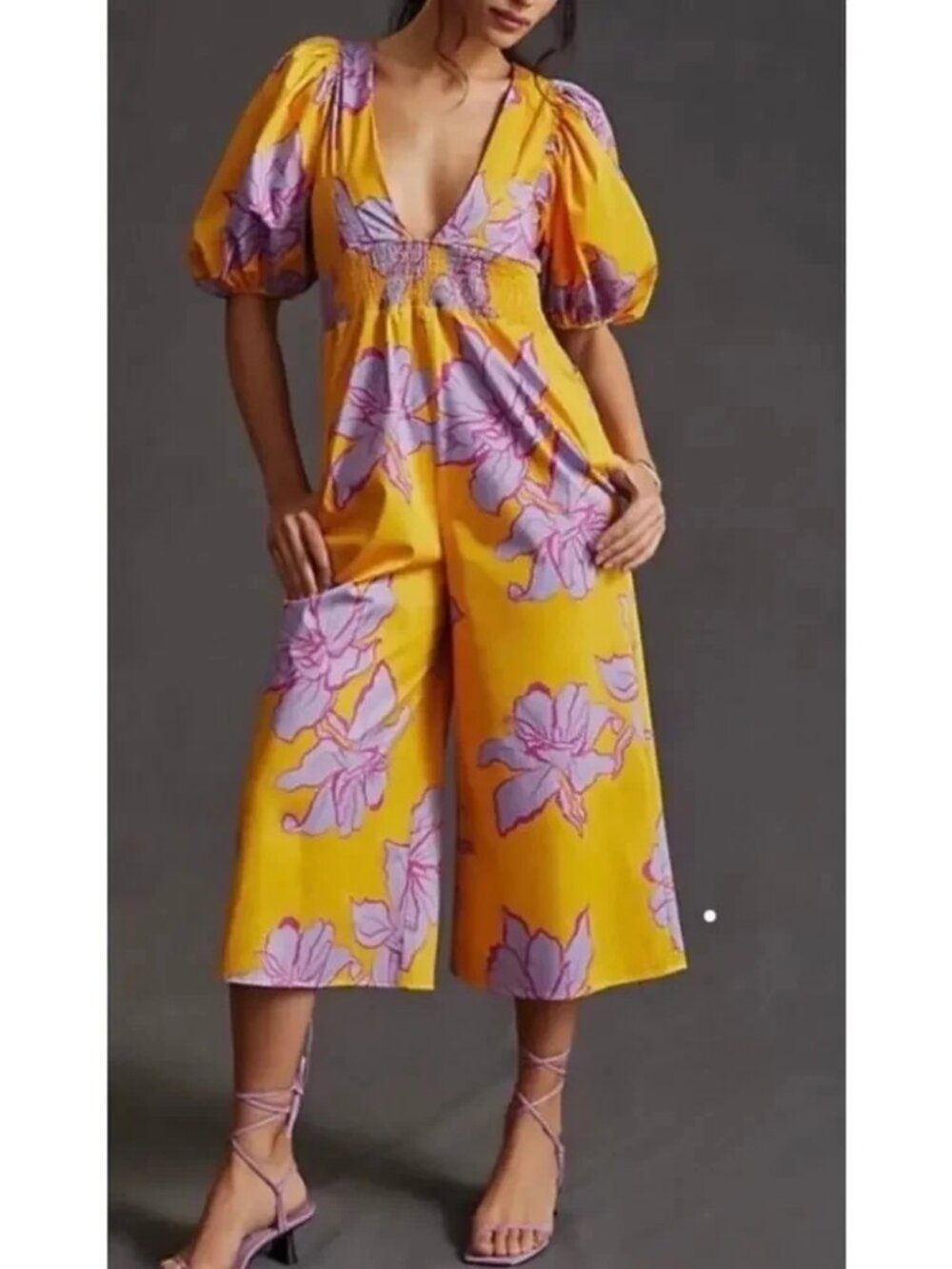 Anthropologie Hutch Jumpsuit M Puff Sleeve V-Neck Yellow Floral Cropped Resort